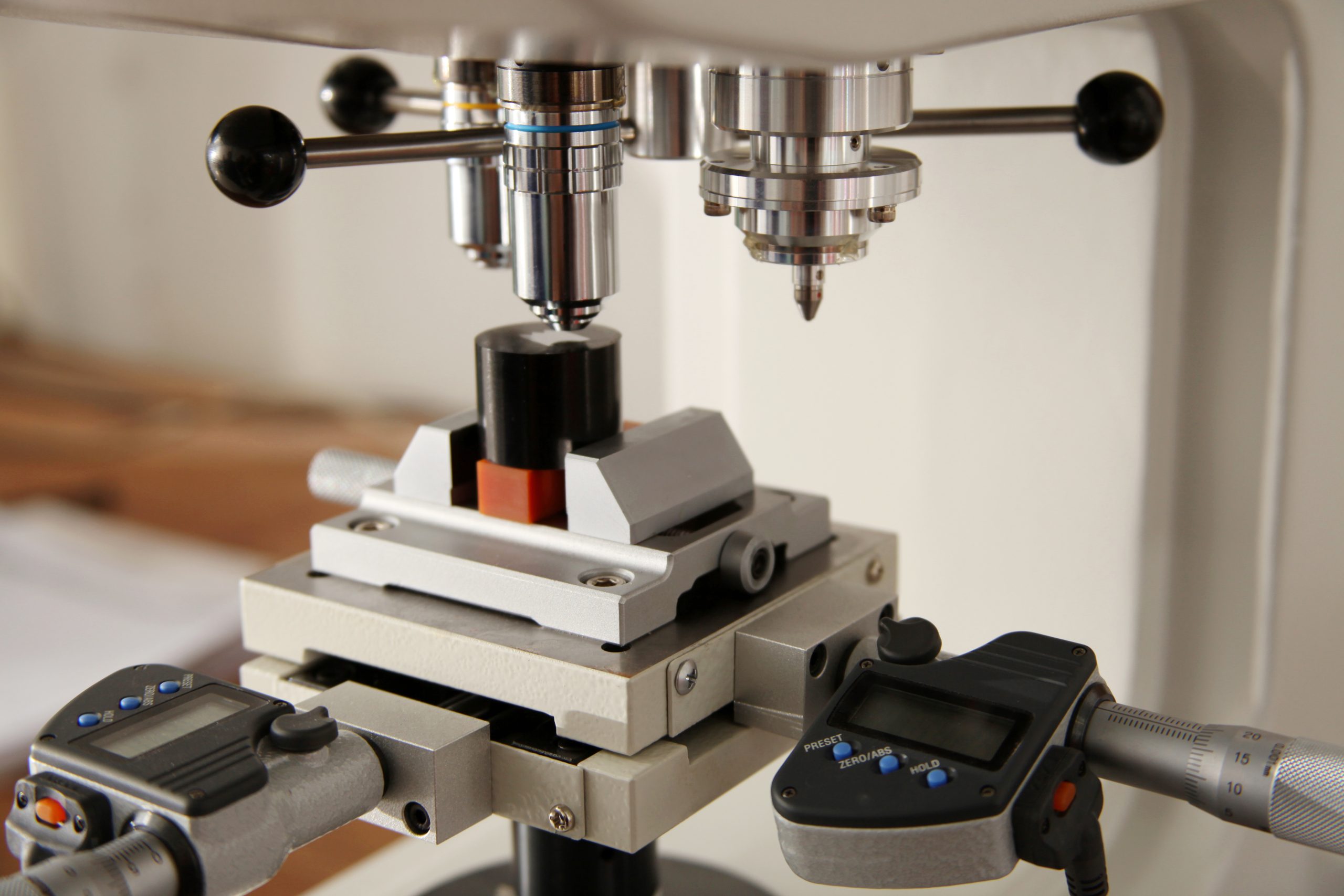 Close-up of modern cnc machine part. Measuring machine.